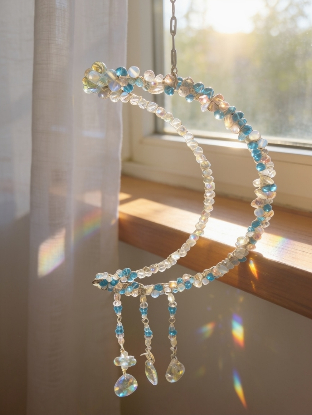 Handcrafted Crescent Moon Crystal Suncatcher- Blue & Clear